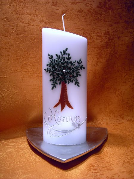 Taufkerze - Kommunion Tischkerze Lebensbaum mit Fußspuren     5409